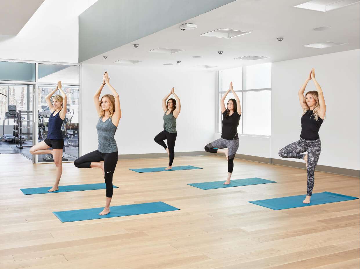 Group of women enjoying yoga in a tranquil space.