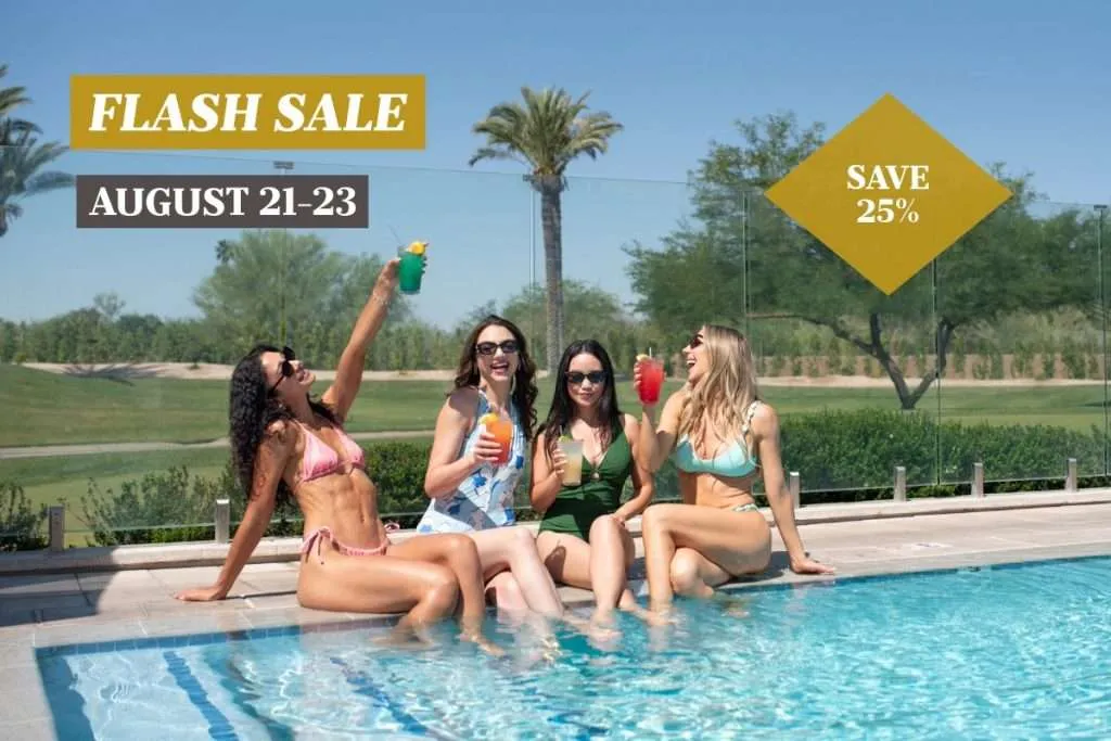 Flash Sale pop-up with four women sitting on the edge of the pool with cocktails