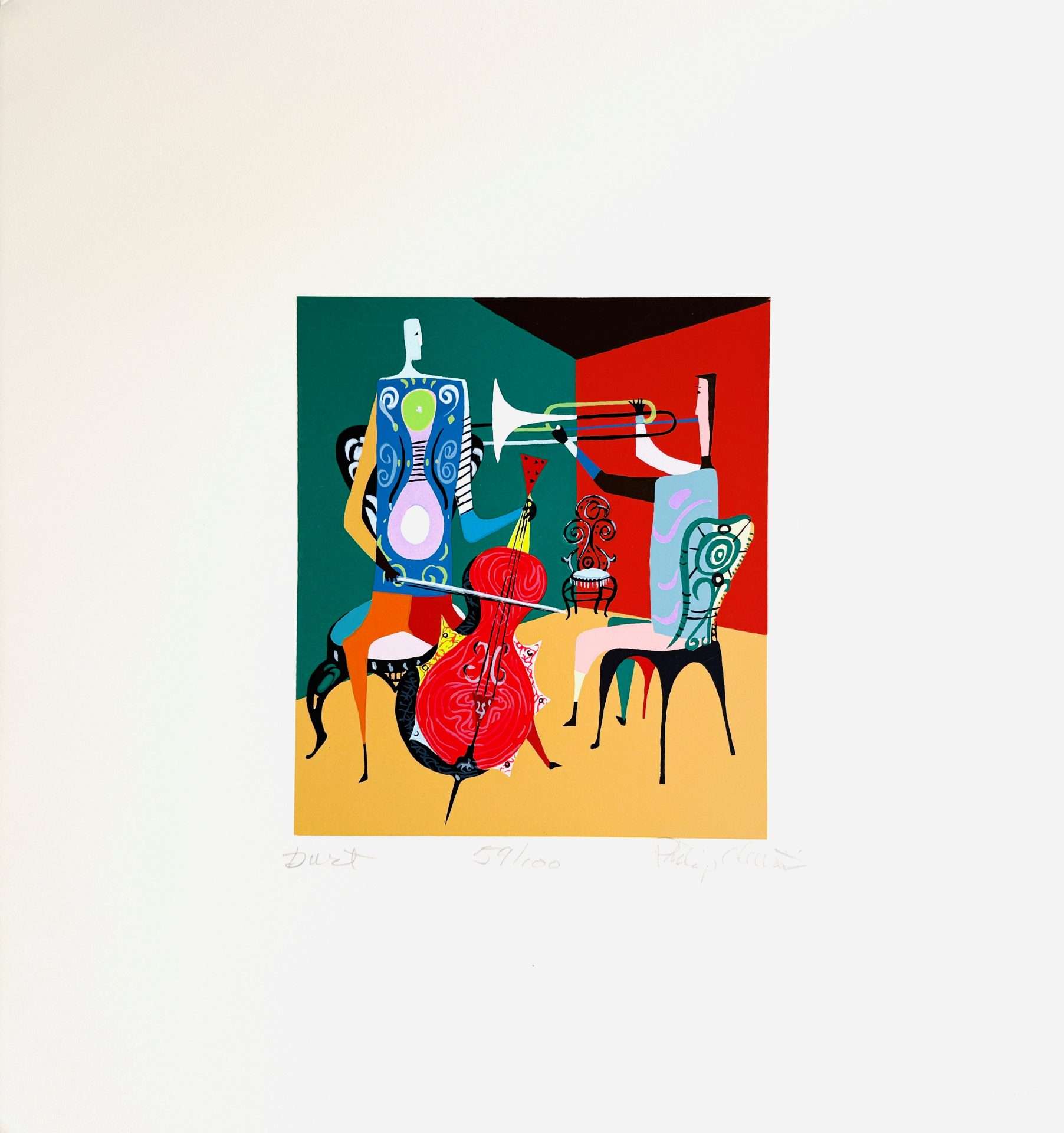 abstract print of painting with colorful band playing instruments