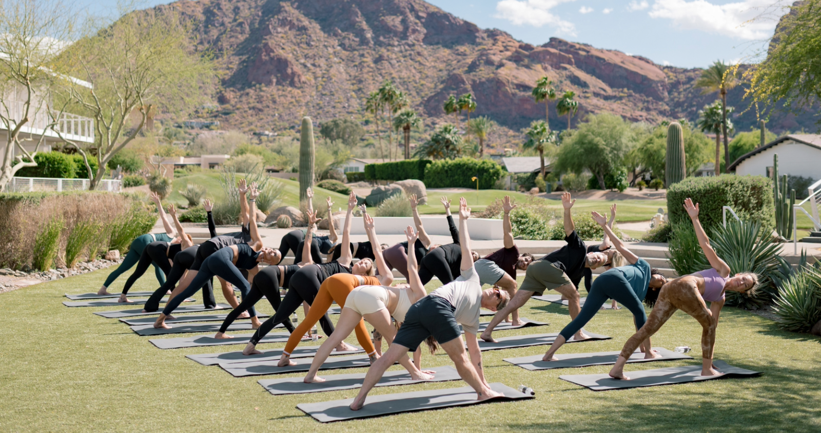 people doing yoga on the lawn with a mountain view